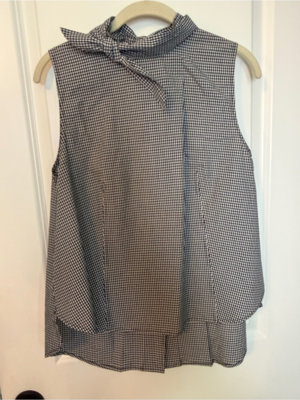 Frame Denim Black and White Gingham Tie-Neck Sleeveless Blouse, Size Large